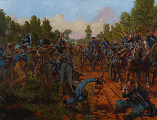 The Capture of Federal Battery F, 2nd U.S. Artillery by Govan’s Arkansas Infantry at The Battle of Atlanta, July 22 1864, alkyd on canvas, 30″x40″